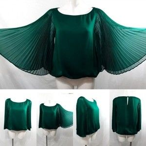 Adrianna Papell Green Pleated Flare Sleeve Blouse Size M Elegant Chic Top